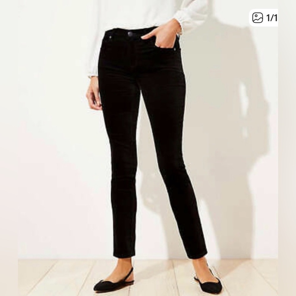 LOFT Black Velvet Slim Fit Pants - Picture 2 of 16